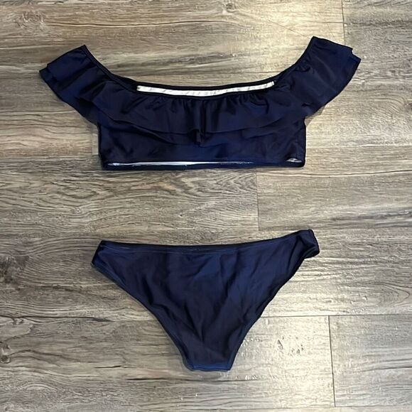 Cupshe Navy Blue Off The Shoulder 2 Piece Bikini Swimsuit Medium - Picture 3 of 5